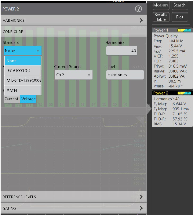 Setting up a basic current harmonics analysis requires just a few settings. This example shows settings for a pre-compliance check against industry standards.