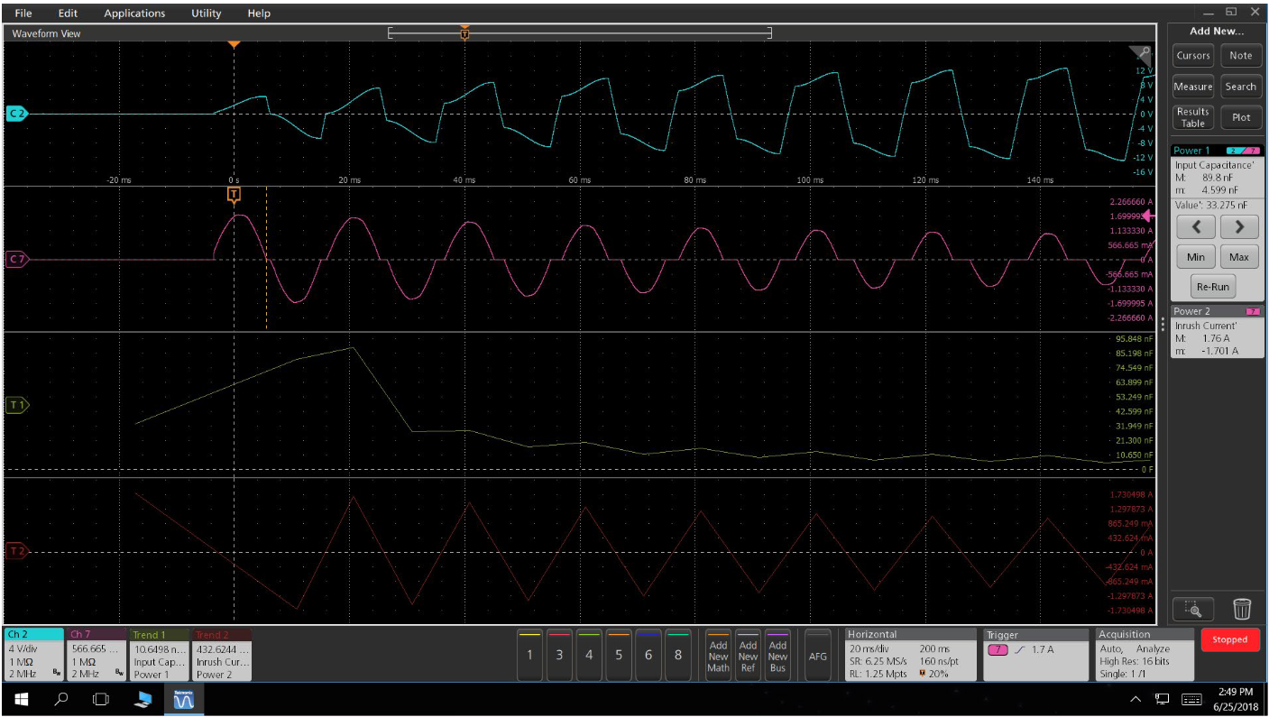Automated inrush current measurement and capacitance measurement being performed on the current on Channel 7.