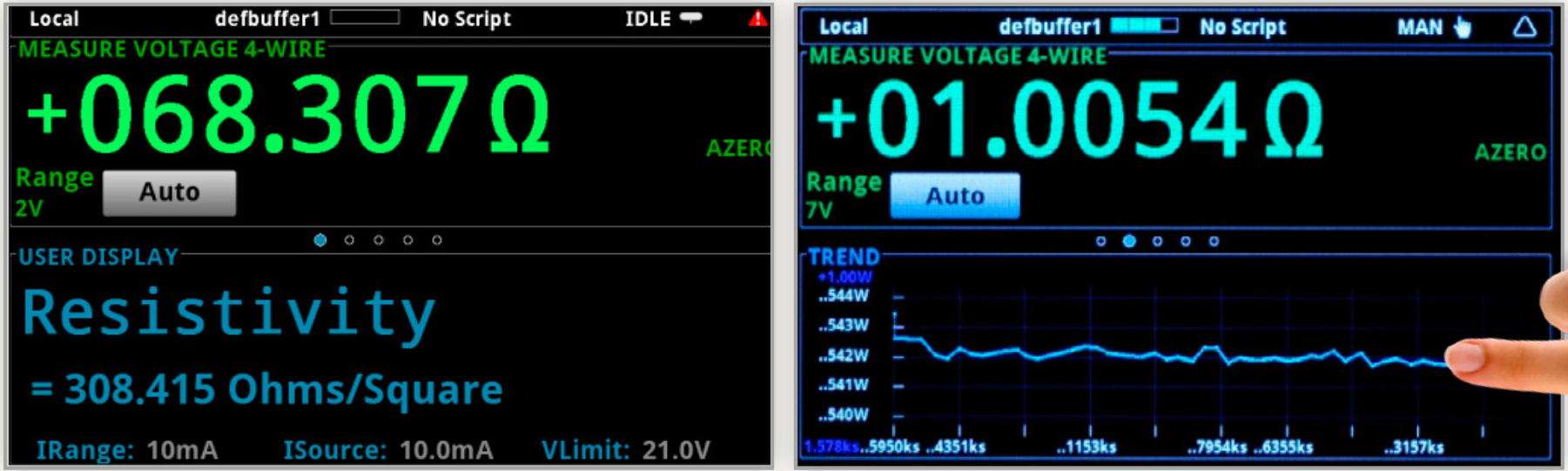 Modern instruments, such as Keithley’s Model 2450 or 2460 Touchscreen SourceMeter SMU Instruments, can display resistivity on the user interface.