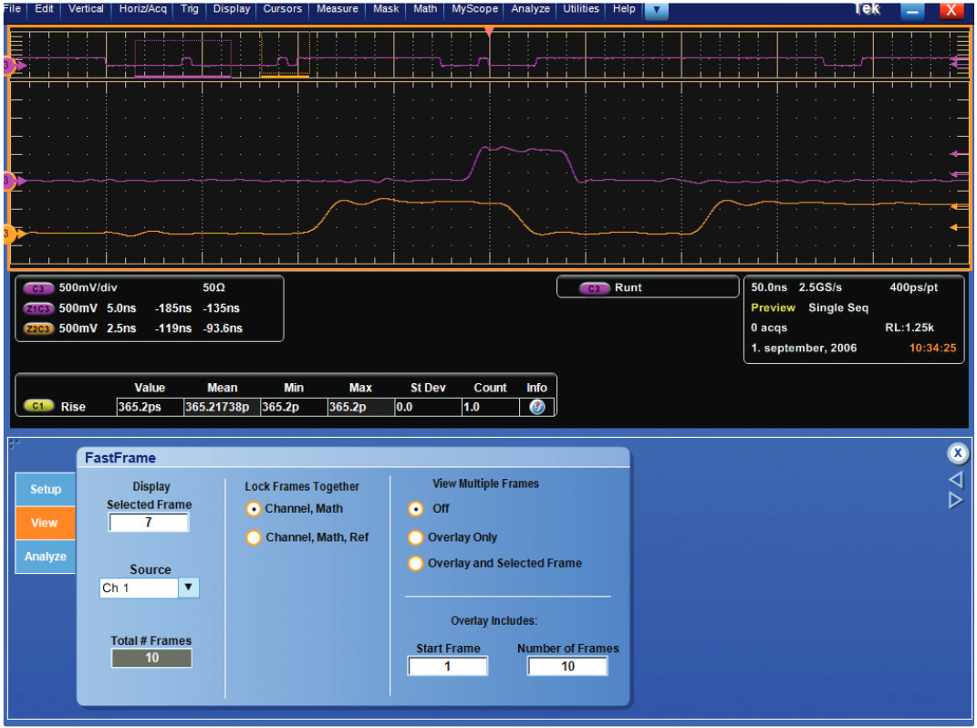 A comparison of intermittent anomalies using zoom with FastFrame acquisition. Notice the Multi- zoom display used in con junction with the selected frame to compare runt pulses on Channel 3.