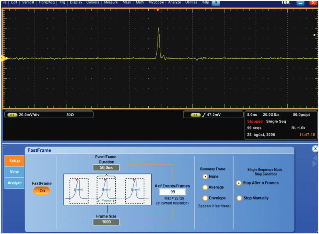 Using the Tektronix FastFrame Segmented Memory, multiple pulses can be captured at high resolution.