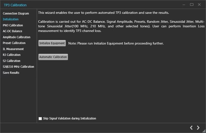 Screenshot of TP3 calibration connection wizard showing the Initialization steps.