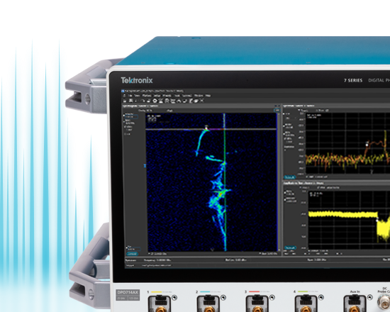 Monitor with a PDV measurement on the screen sitting next to a stack of three Tektronix DPO70000SX performance oscilloscopes.