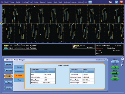 Example of AC power analysis using DPOPWR on an MSO5000B oscilloscope DPOPWR