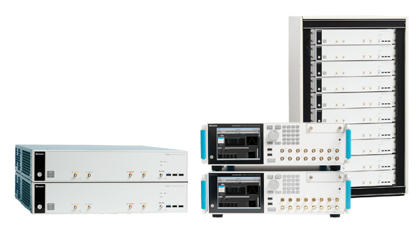 Product image showing the Tektronix DPO70000SX, the 6 Series low profile digitizers in a rack mount configuration, and a two-stack of AWG5200 function generator
