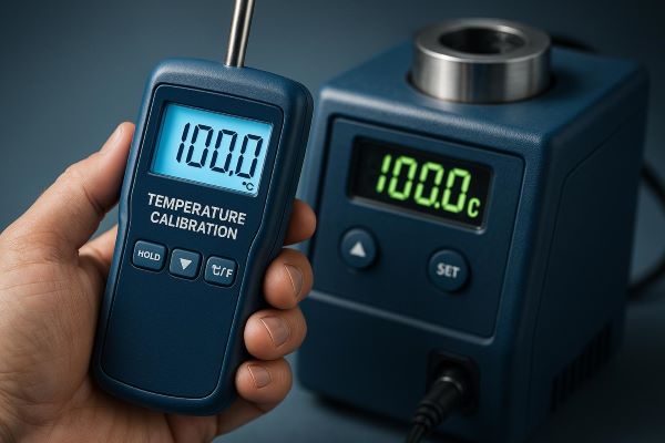 A person is holding a digital temperature calibration device displaying 