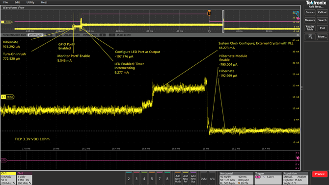 An oscilloscope display showing a double pulse test on a half bridge power converter. The upper waveform shows Vds measured by a high voltage differential probe. The middle waveforms show Id measured by an IsoVu Isolated Current Probe and load inductor current measured by a clamp on current probe. The lower waveform shows the Vg waveform measured using an IsoVu Isolated Voltage Probe.