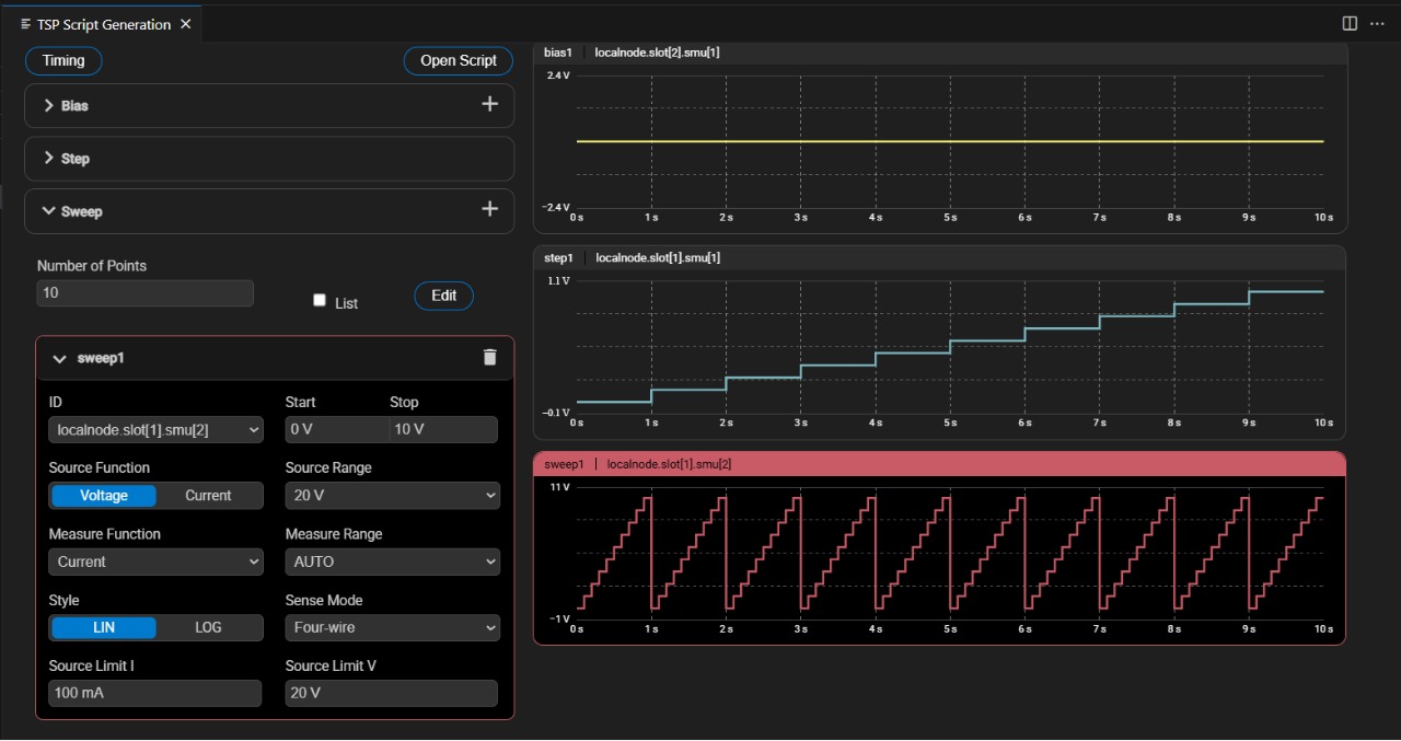 User interface for TSP Toolkit's newest auto script generation feature that automatically generates TSP scripts for IV characterization tests