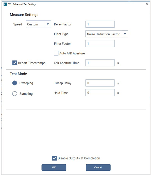 CVU Advanced Test Settings window.