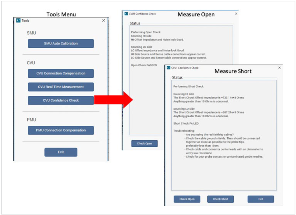 CVU Confidence Check Open and Short Dialog boxes.
