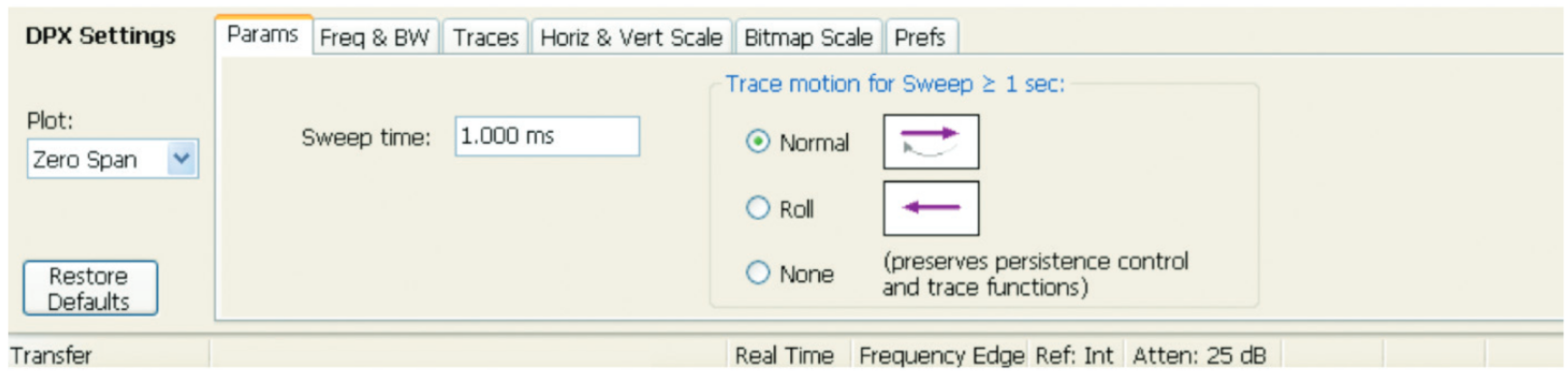 The DPX Settings for time-domain displays allow the user to define the sweep time and trace motion for sweeps longer than 1 second.
